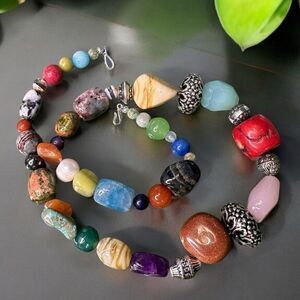 Handmade Genuine Multi Gemstone Chunky Beads Blessingway Necklace 22” 925 Silver